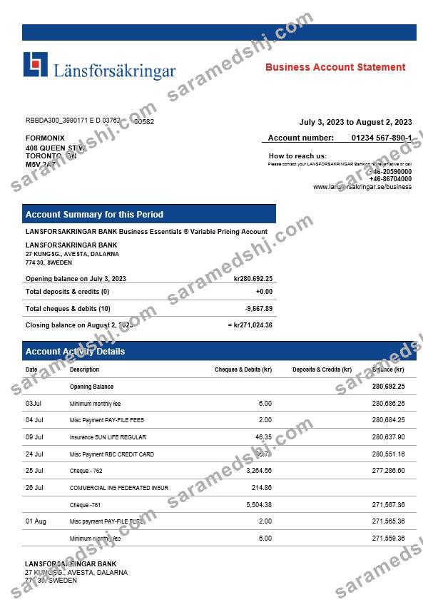 Lansforsakrigar Bank company checking account statement Word and PDF template